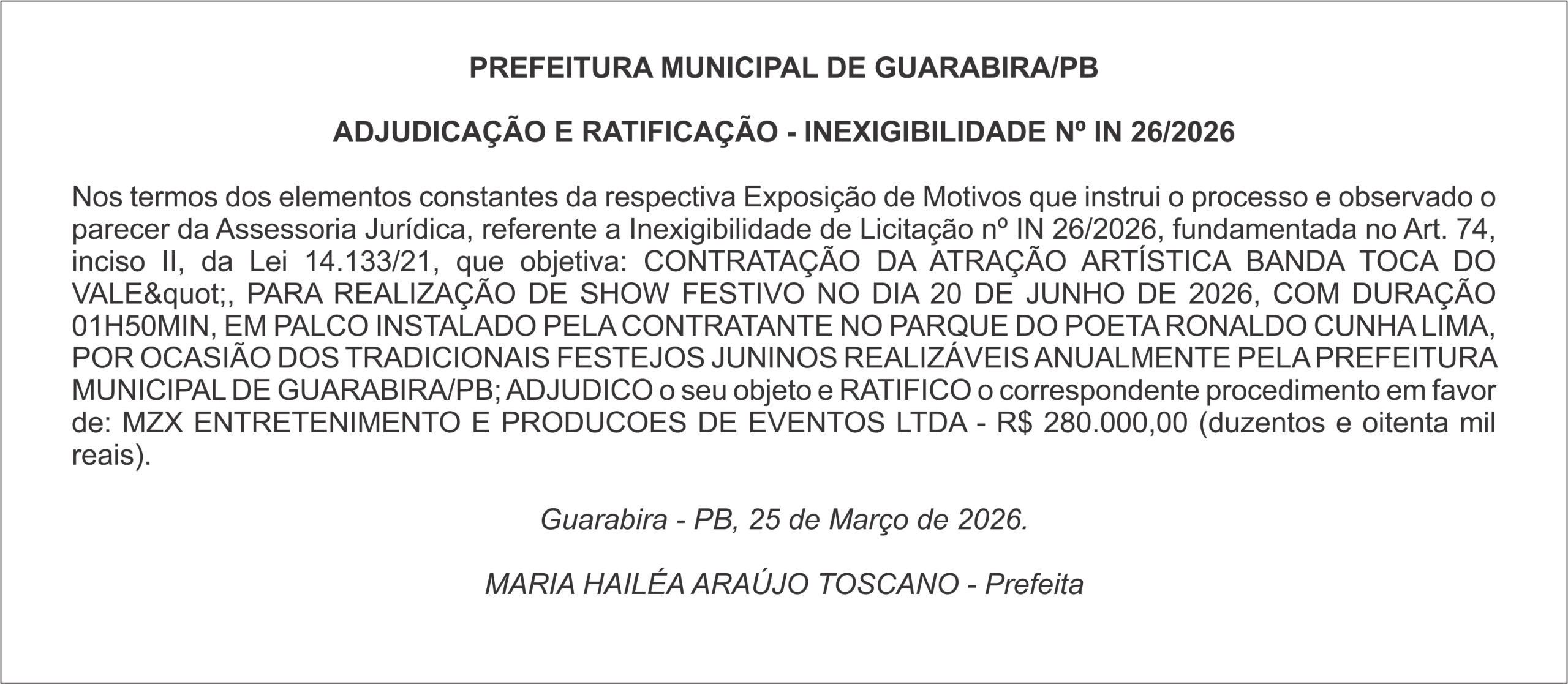 PREFEITURA MUNICIPAL DE GUARABIRA/PB ADJUDICAÇÃO E RATIFICAÇÃO – INEXIGIBILIDADE Nº IN 26/2026