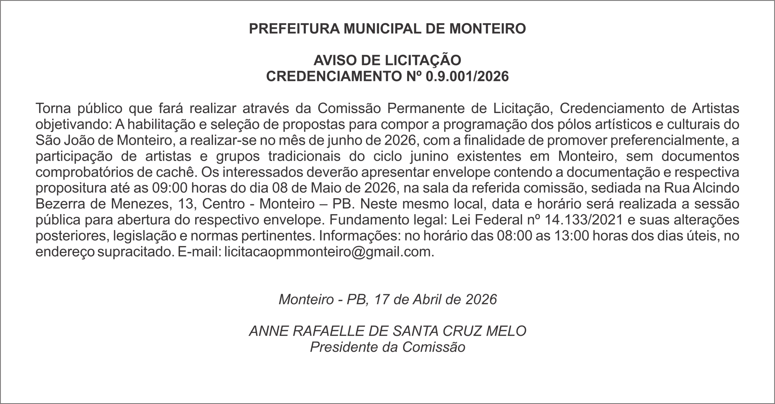PREFEITURA MUNICIPAL DE MONTEIRO – AVISO DE LICITAÇÃO – CREDENCIAMENTO Nº 0.9.001/2026