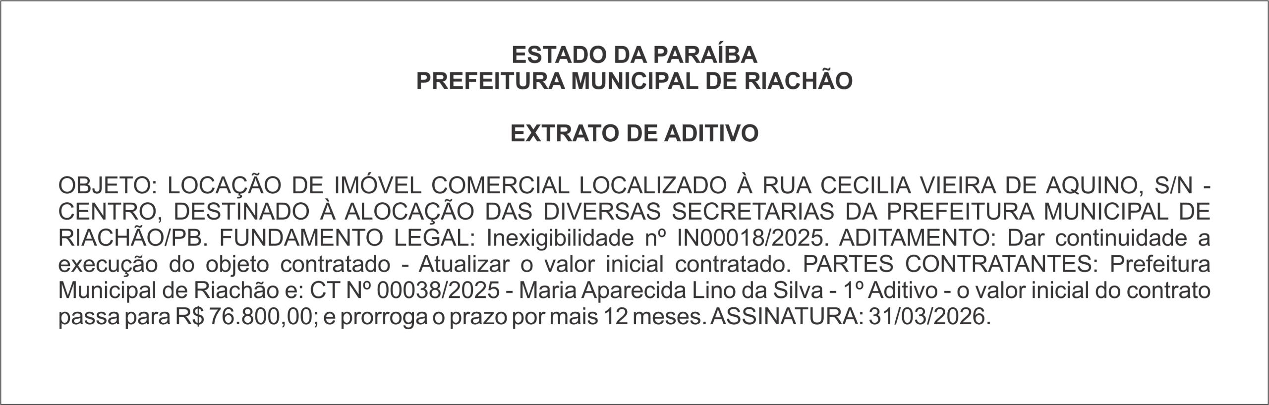 PREFEITURA MUNICIPAL DE RIACHÃO – EXTRATO DE ADITIVO