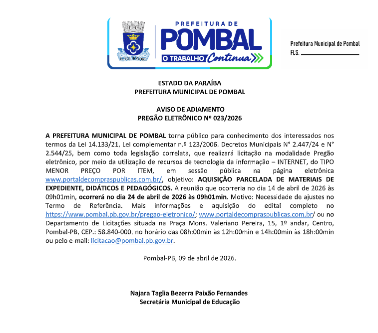 PREFEITURA MUNICIPAL DE POMBAL – AVISO DE ADIAMENTO – PREGÃO ELETRÔNICO Nº 023/2026