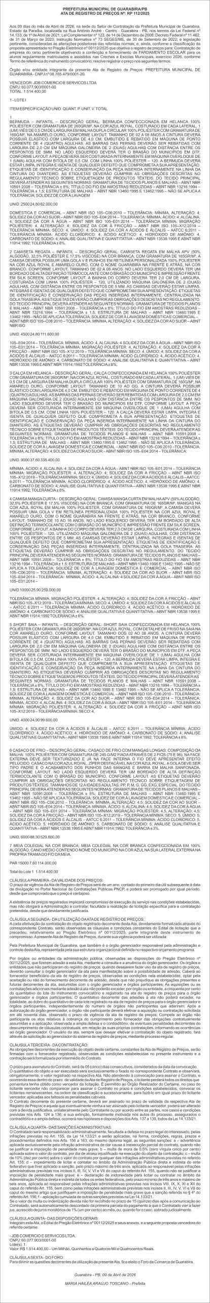 PREFEITURA MUNICIPAL DE GUARABIRA/PB  ATA DE REGISTRO DE PREÇOS Nº: RP 112/2025
