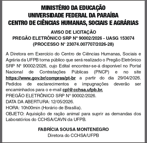 UNIVERSIDADE FEDERAL DA PARAIBA – PREGÃO ELETRÔNICO SRP No 90002/2026 – UASG 153074