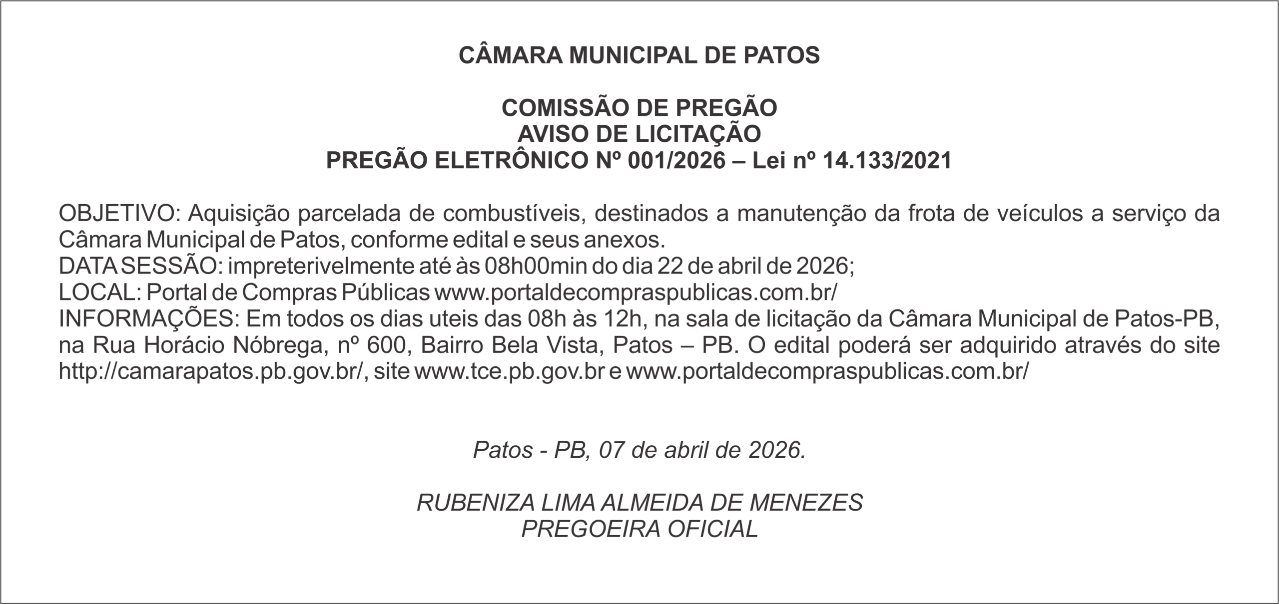 CÂMARA MUNICIPAL DE PATOS – AVISO DE LICITAÇÃO PREGÃO ELETRÔNICO Nº 001/2026