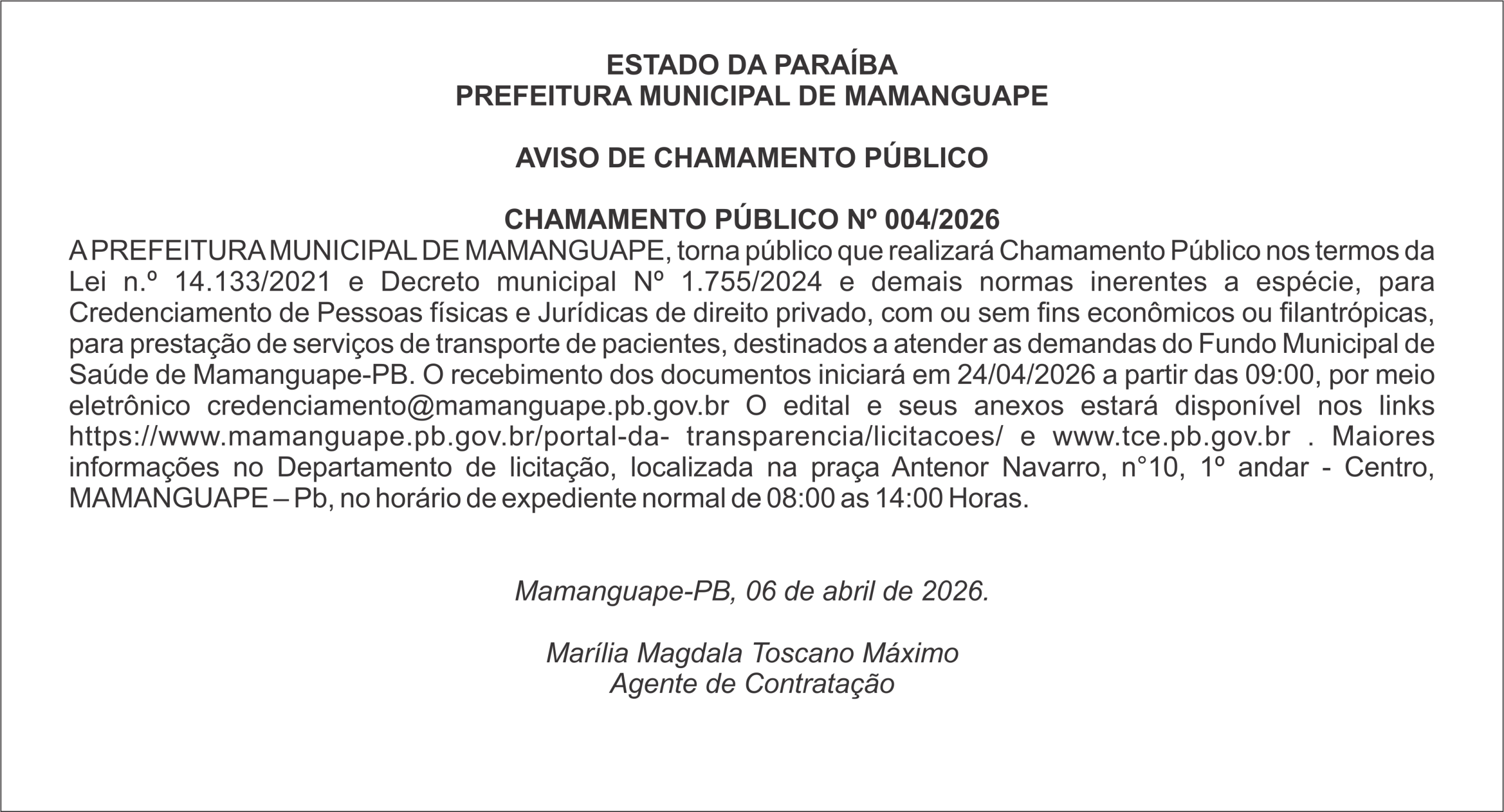 PREFEITURA MUNICIPAL DE MAMANGUAPE  AVISO DE CHAMAMENTO PÚBLICO  CHAMAMENTO PÚBLICO Nº 004/2026