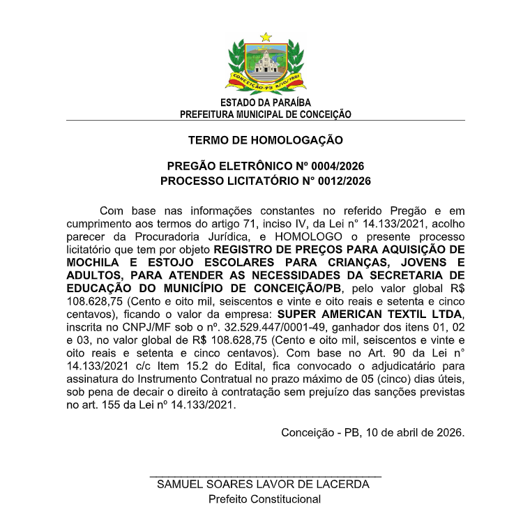 PREFEITURA MUNICIPAL DE CONCEIÇÃO – TERMO DE HOMOLOGAÇÃO