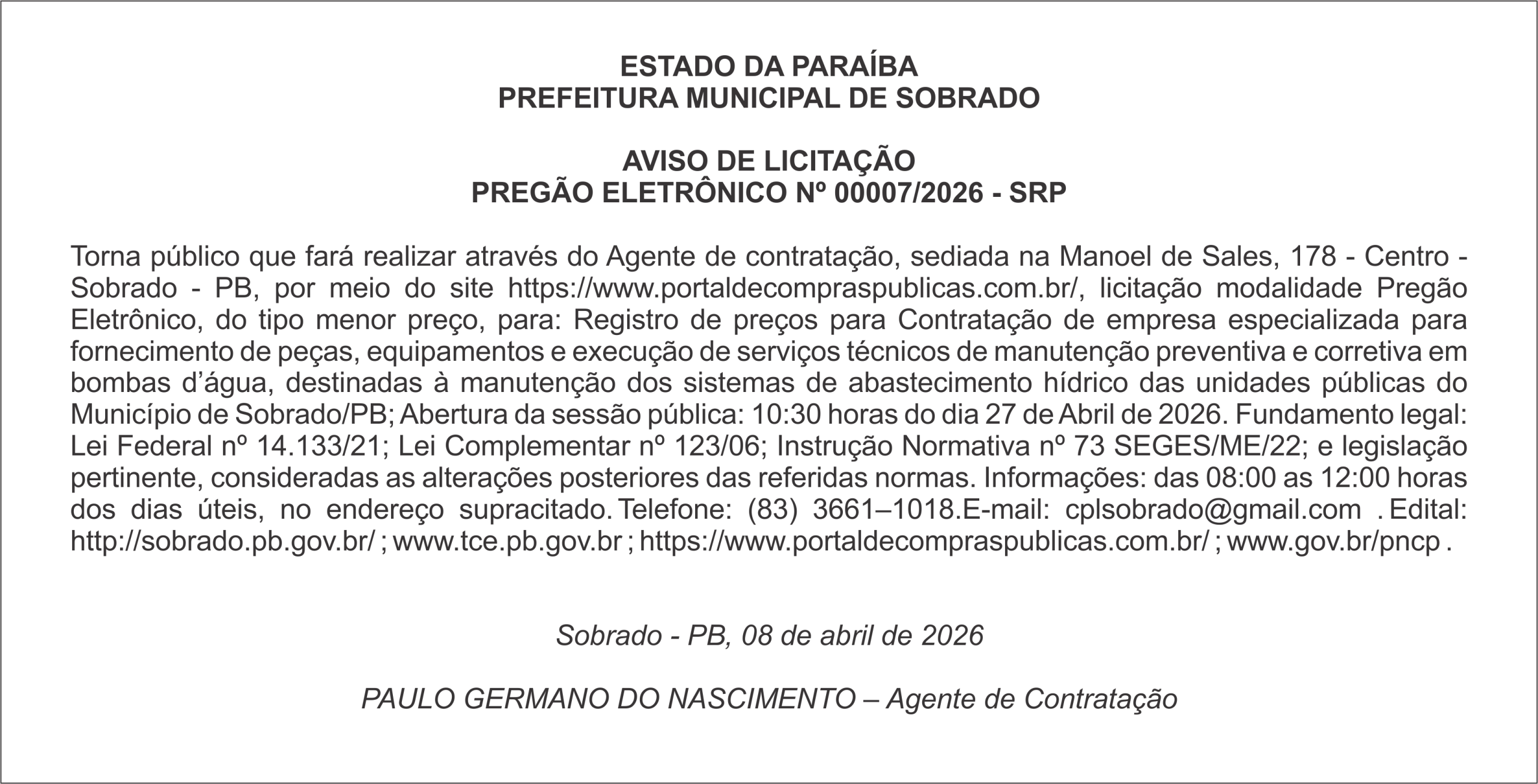 PREFEITURA MUNICIPAL DE SOBRADO – AVISO DE LICITAÇÃO – PREGÃO ELETRÔNICO Nº 00007/2026 – SRP