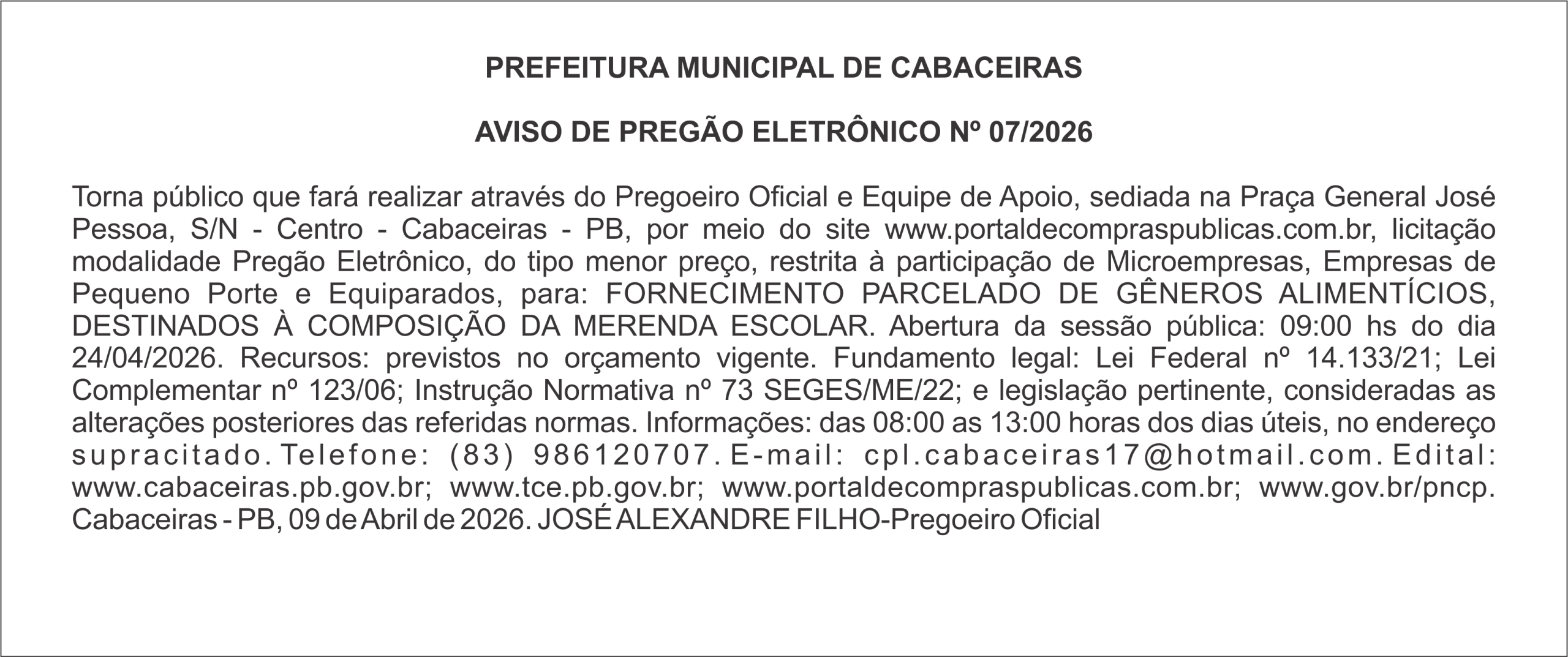 PREFEITURA MUNICIPAL DE CABACEIRAS – AVISO DE PREGÃO ELETRÔNICO Nº 07/2026