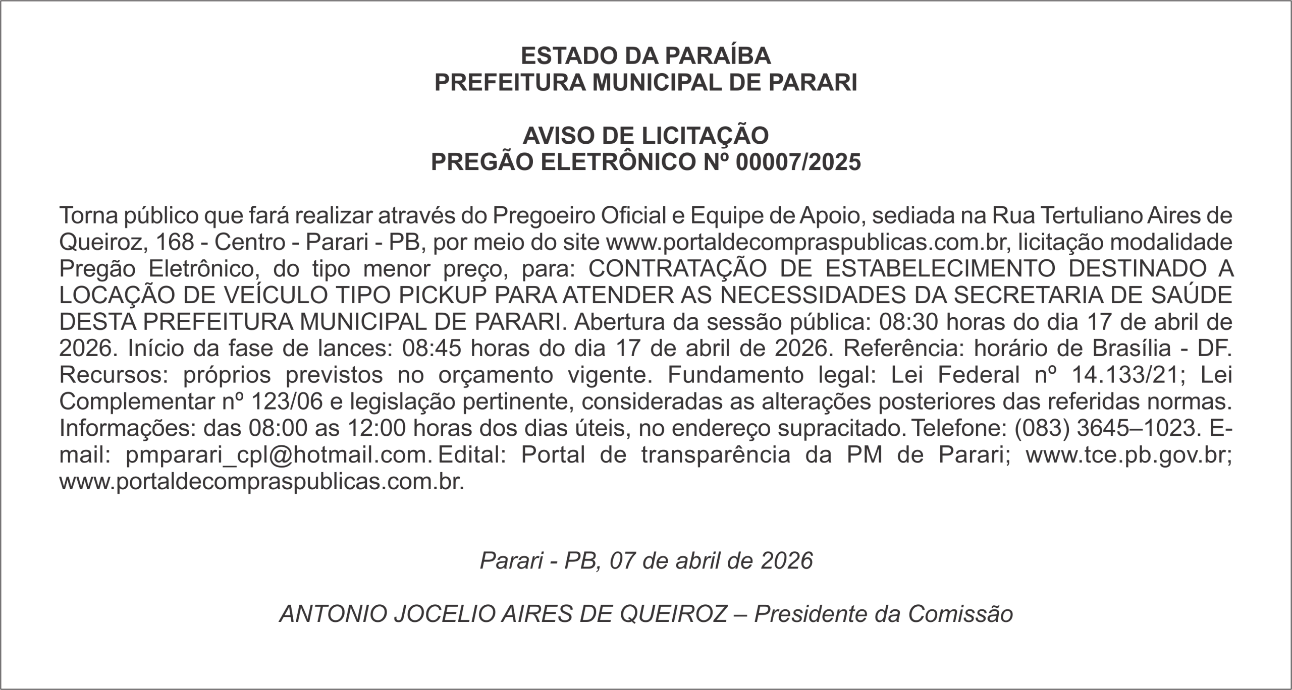 PREFEITURA MUNICIPAL DE PARARI     AVISO DE LICITAÇÃO PREGÃO ELETRÔNICO Nº 00007/2025