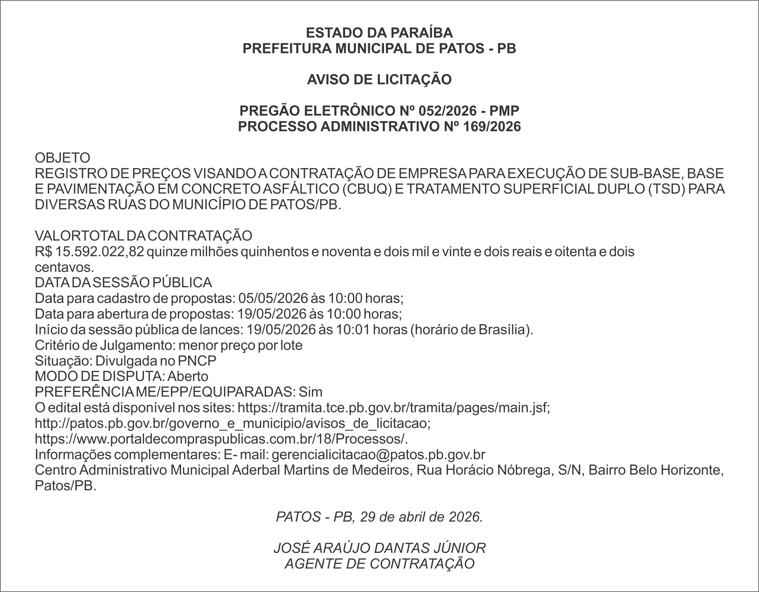 PREFEITURA MUNICIPAL DE PATOS – PB – PREGÃO ELETRÔNICO Nº 052/2026 – PMP