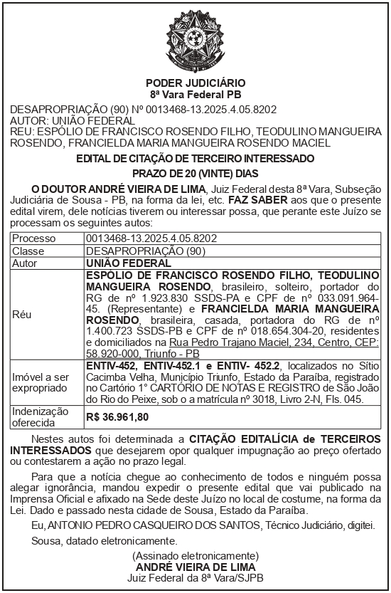 SECRETARIA NACIONAL DE SEGURANÇA HIDRICA – SNSH – MDR – DF – BRASÍLIA – Edital de Citação de Terceiro Interessado – ENTIV-452 e ENTIV-452.1 (ESPÓLIO DE FRANCISCO ROSENDO FILHO)