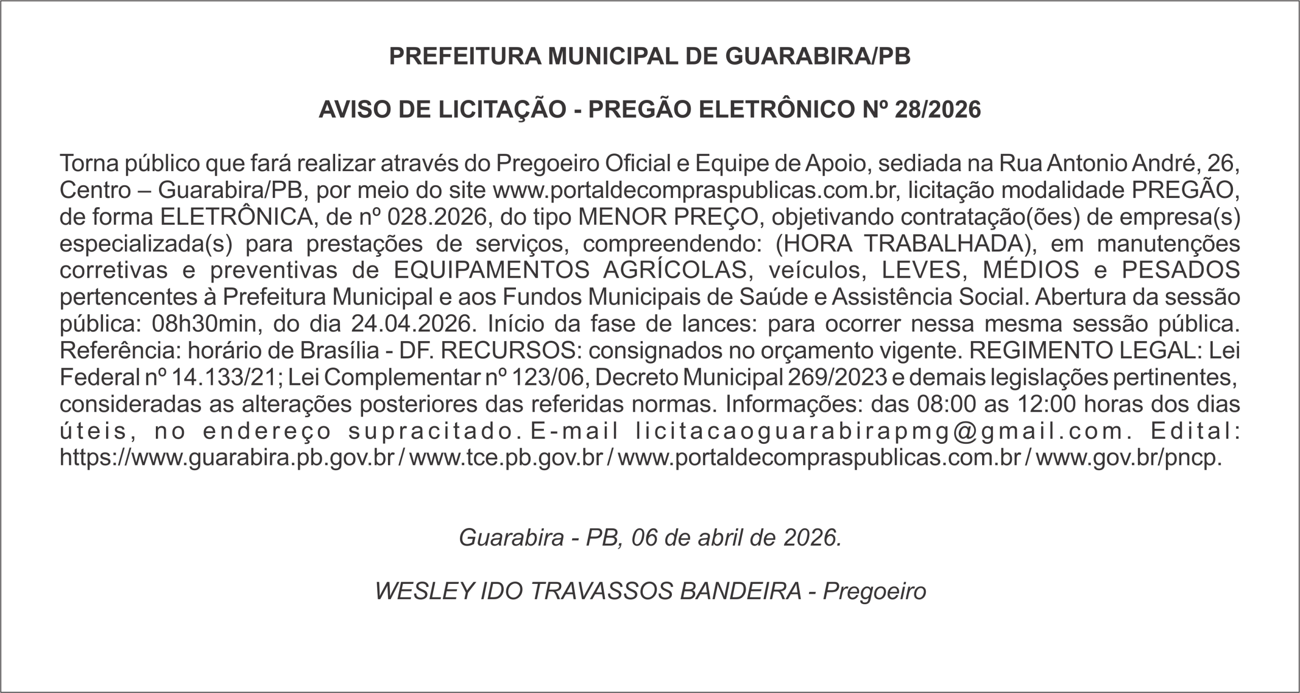 PREFEITURA MUNICIPAL DE GUARABIRA/PB AVISO DE LICITAÇÃO – PREGÃO ELETRÔNICO Nº 28/2026
