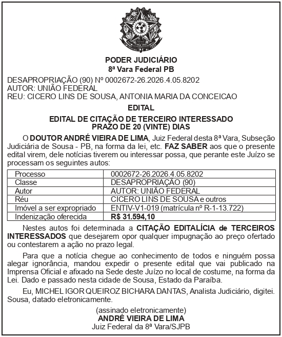 SECRETARIA NACIONAL DE SEGURANÇA HIDRICA – SNSH – MDR – DF – BRASÍLIA – Edital de Citação de Terceiro Interessado – ENTIV-V1-019 (CÍCERO LINS DE SOUSA)