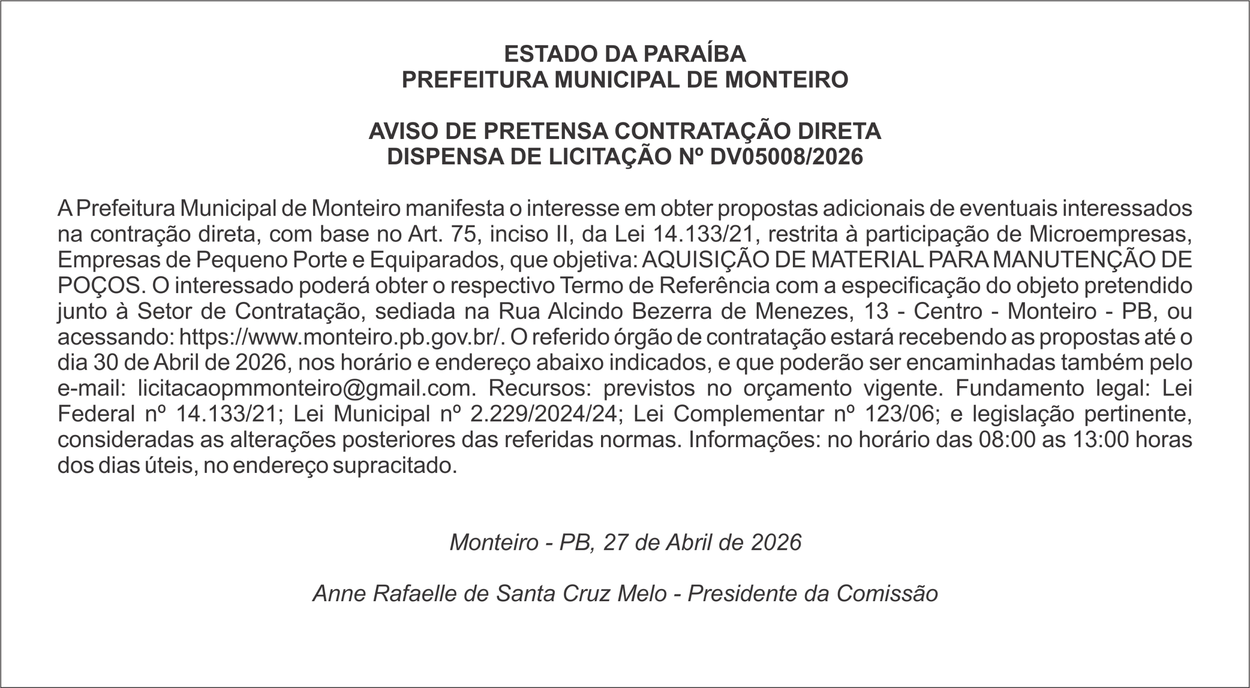 PREFEITURA MUNICIPAL DE MONTEIRO – AVISO DE PRETENSA CONTRATAÇÃO DIRETA DISPENSA DE LICITAÇÃO Nº DV05008/2026