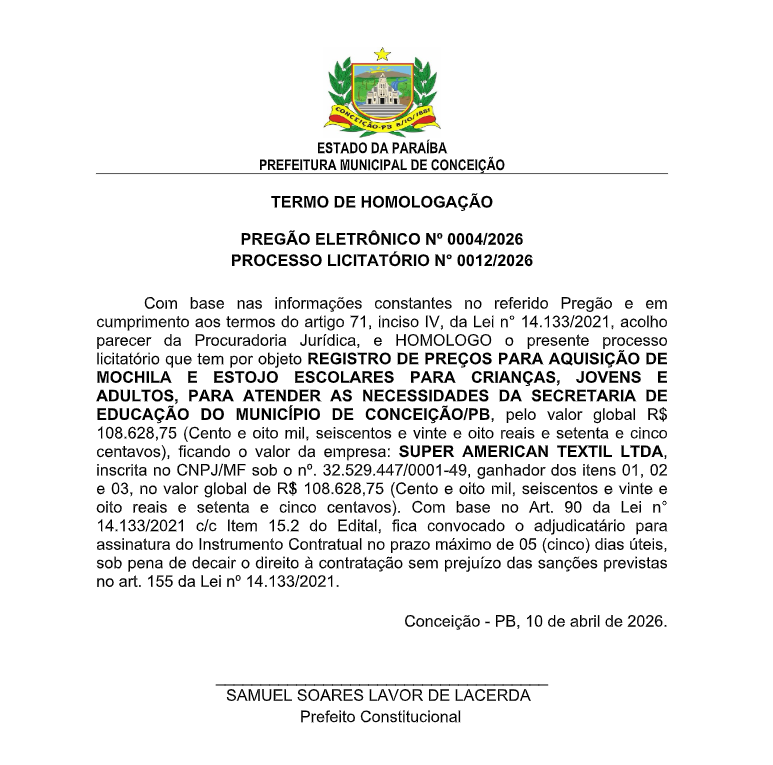 PREFEITURA MUNICIPAL DE CONCEIÇÃO – TERMO DE HOMOLOGAÇÃO
