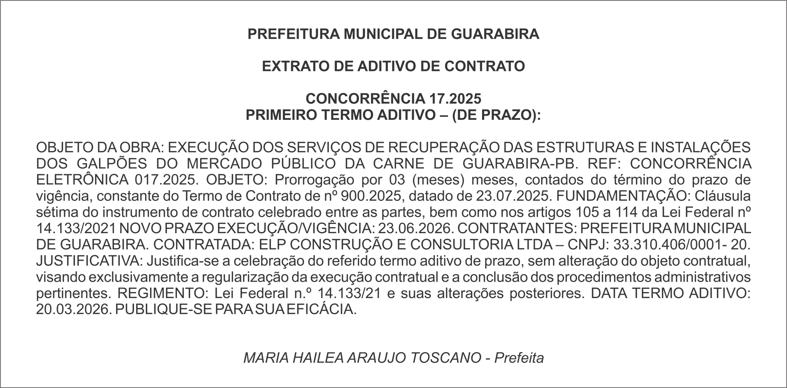 PREFEITURA MUNICIPAL DE GUARABIRA – EXTRATO DE ADITIVO DE CONTRATO CONCORRÊNCIA 17.2025