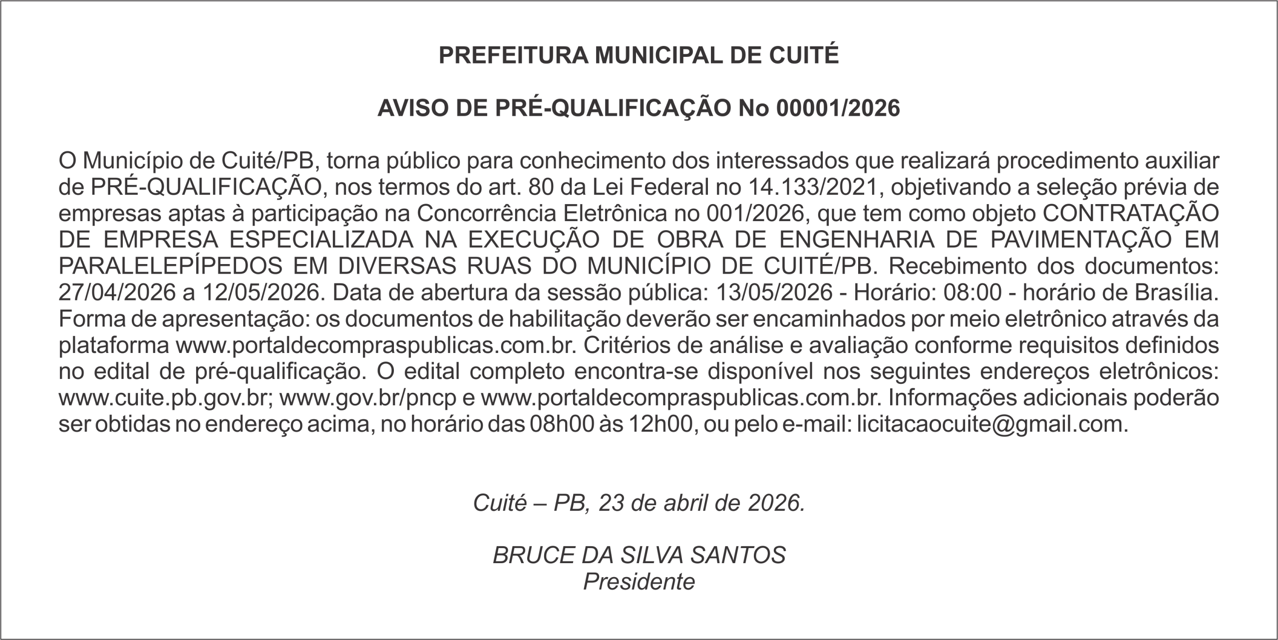 PREFEITURA MUNICIPAL DE CUITÉ – AVISO DE PRÉ-QUALIFICAÇÃO No 00001/2026