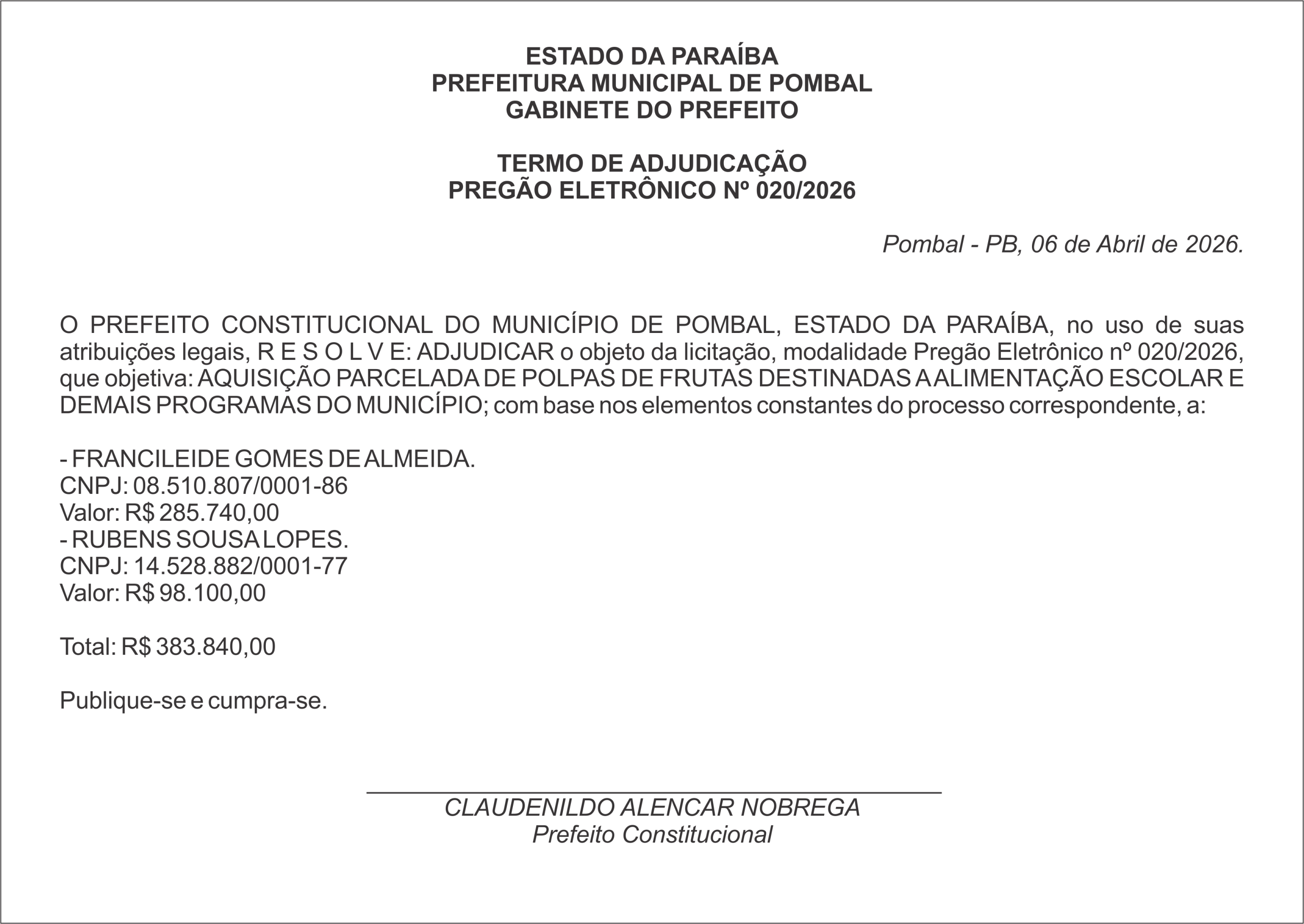 PREFEITURA MUNICIPAL DE POMBAL – TERMO DE ADJUDICAÇÃO – PREGÃO ELETRÔNICO Nº 020/2026