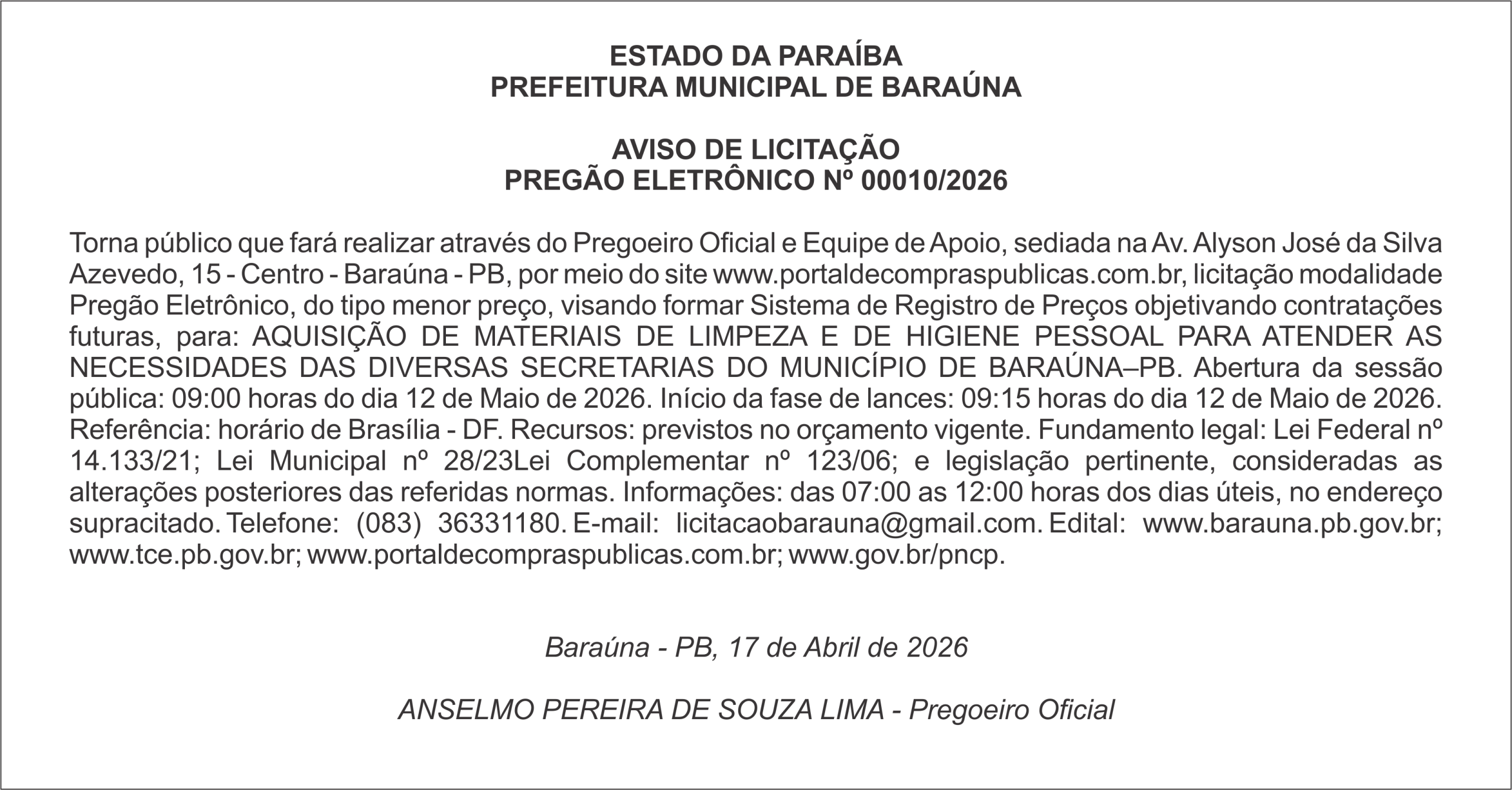 PREFEITURA MUNICIPAL DE BARAÚNA – AVISO DE LICITAÇÃO PREGÃO ELETRÔNICO Nº 00010/2026