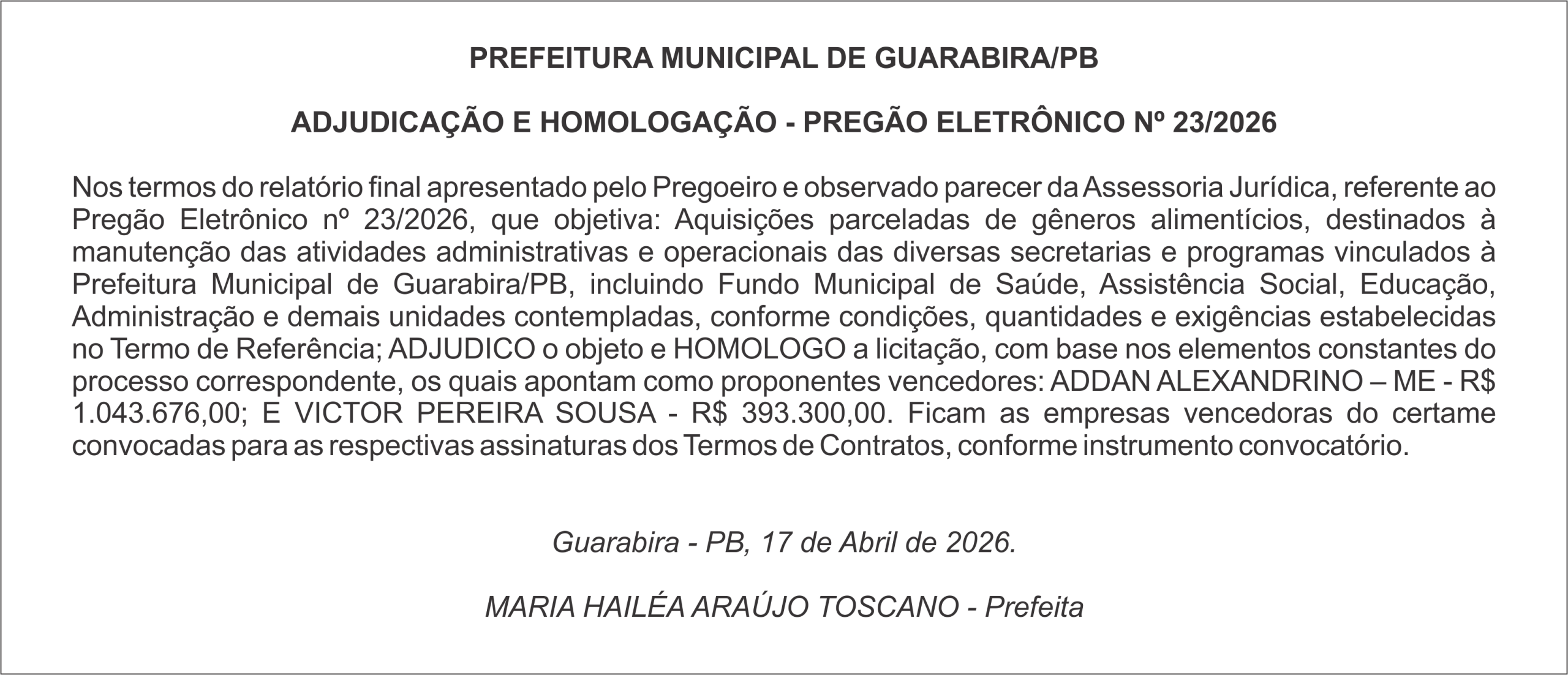 PREFEITURA MUNICIPAL DE GUARABIRA/PB – ADJUDICAÇÃO E HOMOLOGAÇÃO – PREGÃO ELETRÔNICO Nº 23/2026