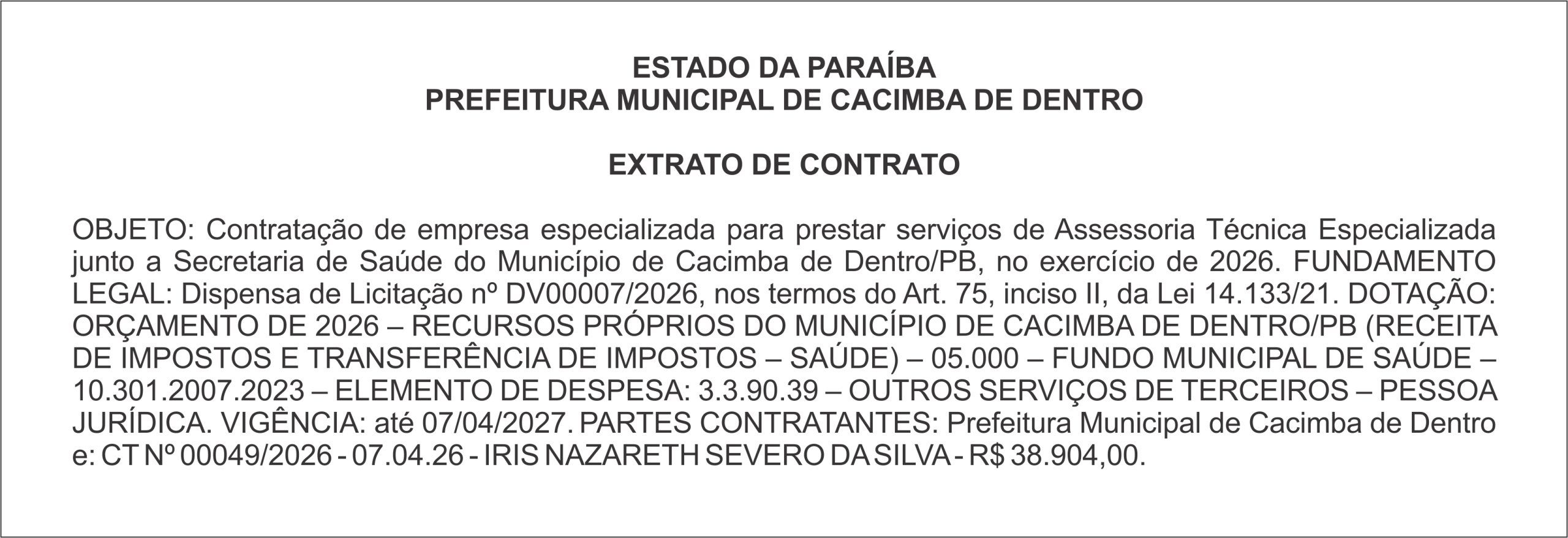 PREFEITURA MUNICIPAL DE CACIMBA DE DENTRO – EXTRATO DE CONTRATO