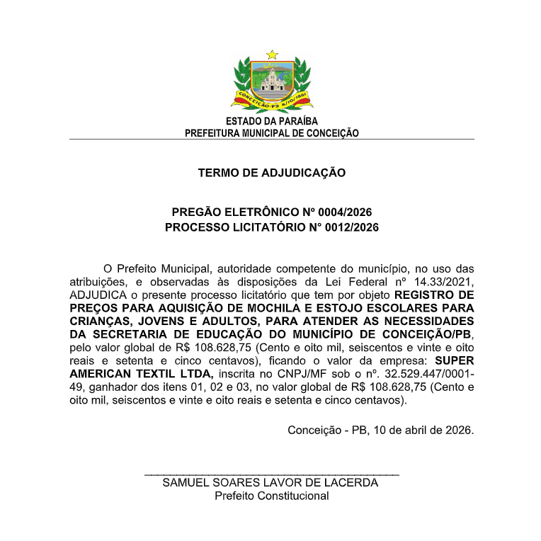 PREFEITURA MUNICIPAL DE CONCEIÇÃO – TERMO DE ADJUDICAÇÃO