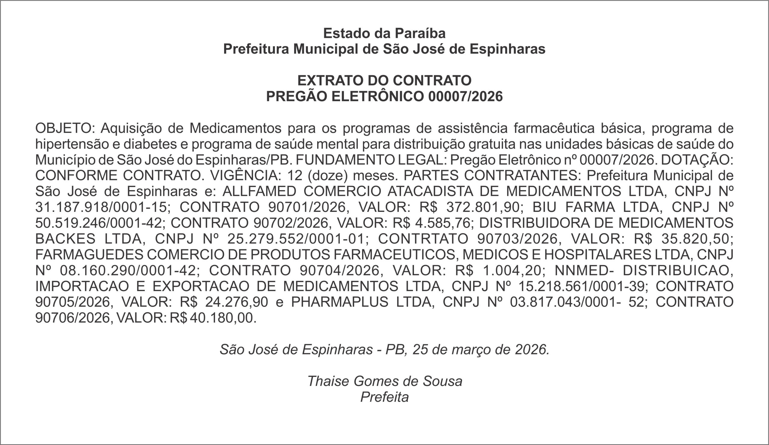 PREFEITURA DE SÃO JOSÉ DE ESPINHARAS – EXTRATO DO CONTRATO