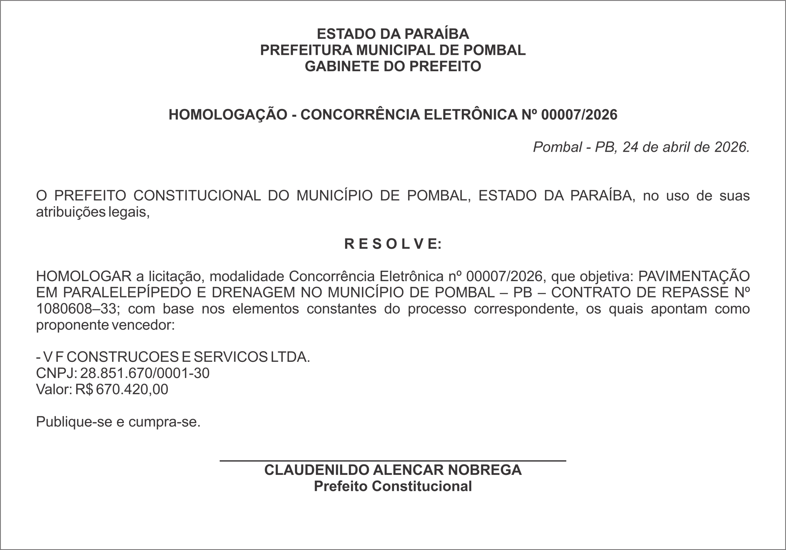 PREFEITURA MUNICIPAL DE POMBAL – HOMOLOGAÇÃO – CONCORRÊNCIA ELETRÔNICA Nº 00007/2026