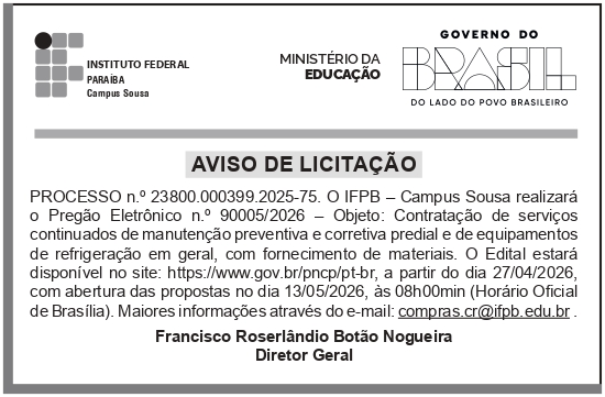 IFPB – PB – SOUSA – CAMPUS – AVISO DE LICITAÇÃO -Pregão Eletrônico No 90005/2026