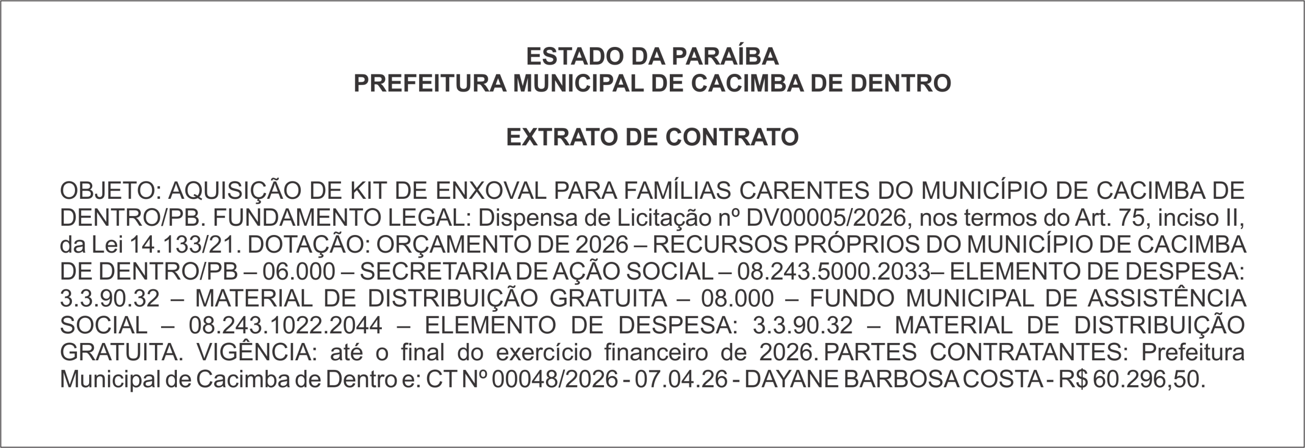 PREFEITURA MUNICIPAL DE CACIMBA DE DENTRO – EXTRATO DE CONTRATO