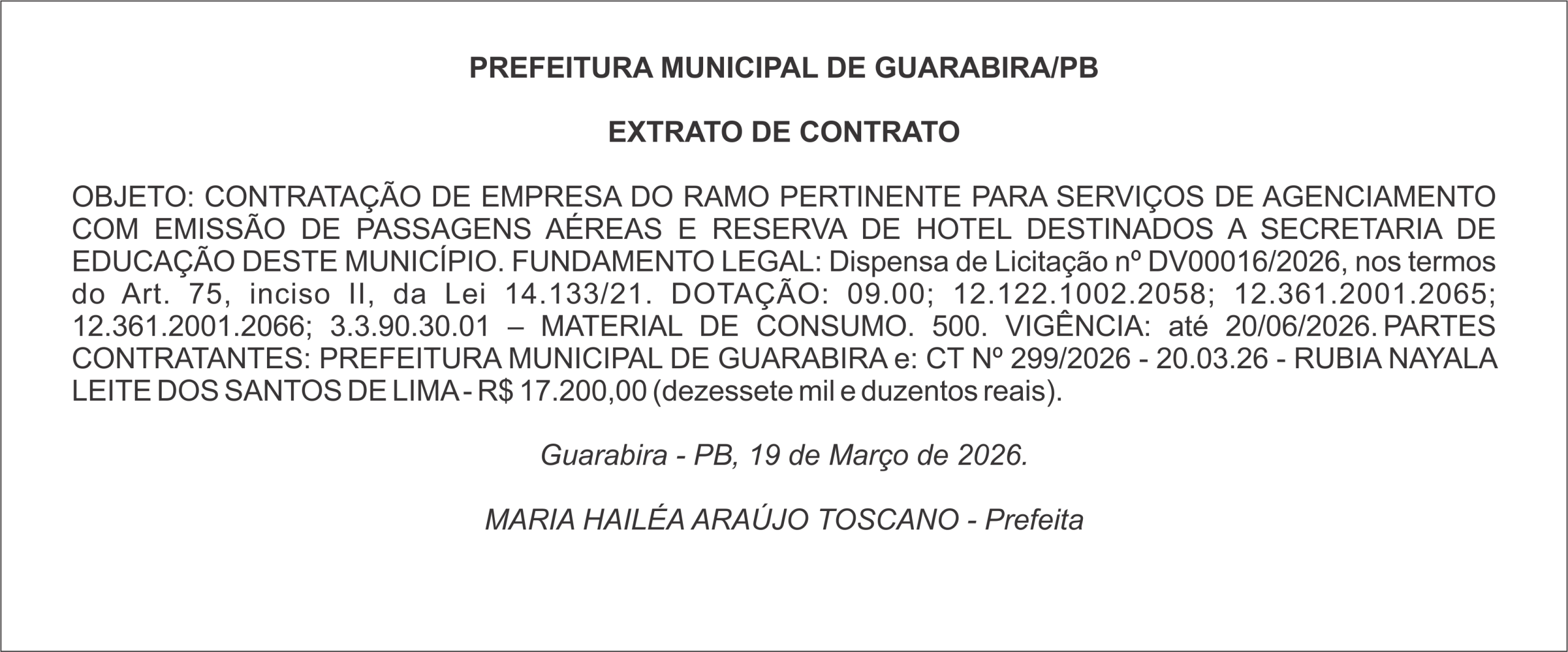 PREFEITURA MUNICIPAL DE GUARABIRA/PB EXTRATO DE CONTRATO