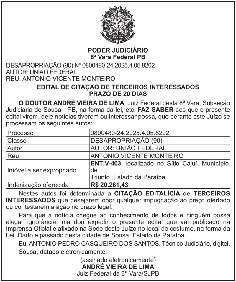 SECRETARIA NACIONAL DE SEGURANÇA HIDRICA – SNSH – MDR – DF – BRASÍLIA -Edital de Citação de Terceiro Interessado – ENTIV-403 (ANTÔNIO VICENTE MONTEIRO)