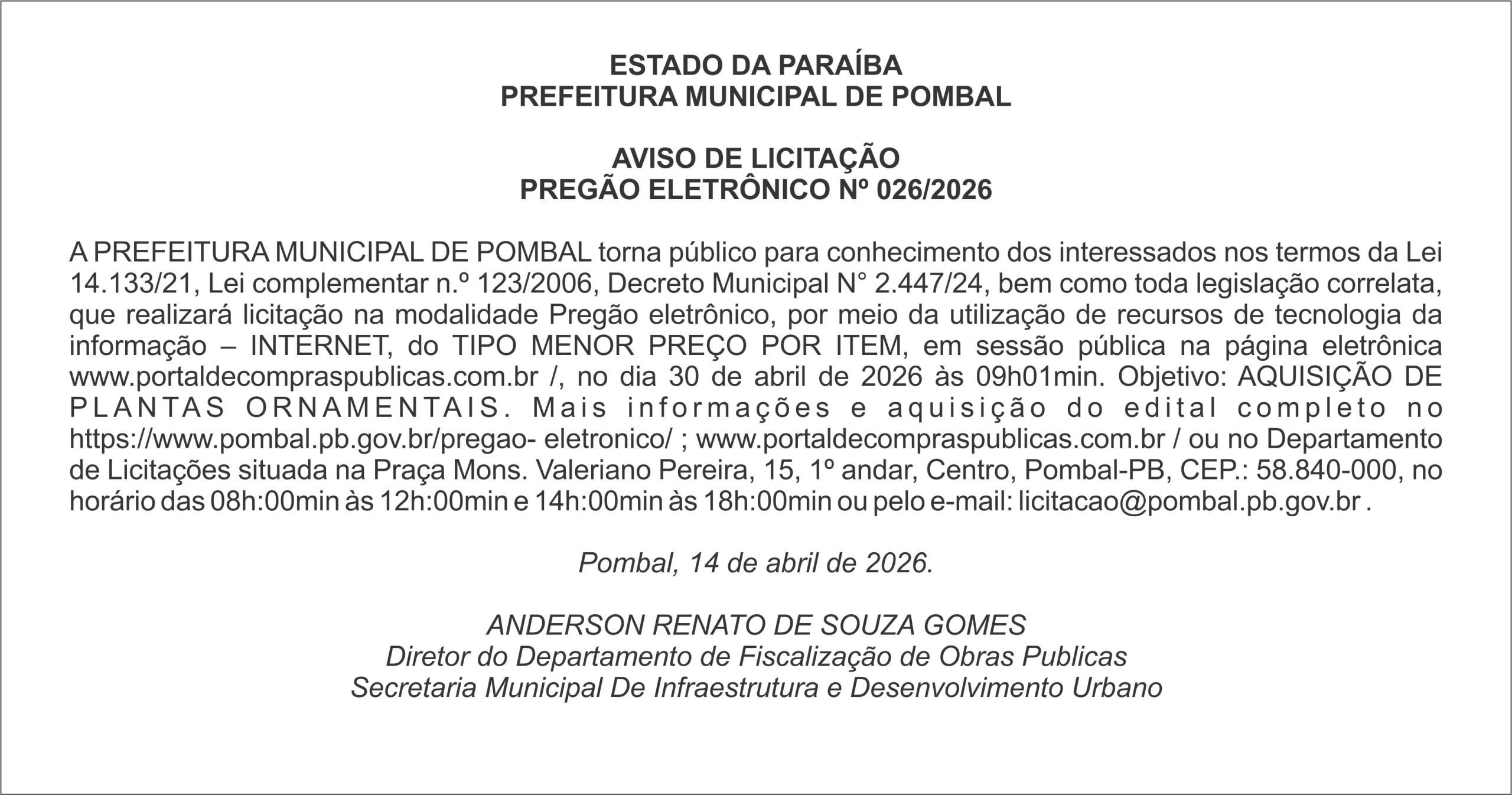 PREFEITURA MUNICIPAL DE POMBAL – AVISO DE LICITAÇÃO – PREGÃO ELETRÔNICO Nº 026/2026