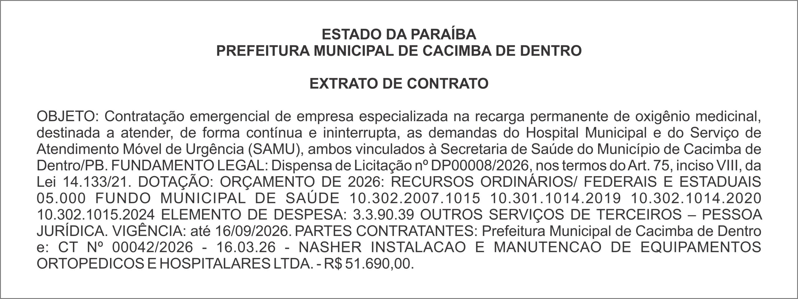 PREFEITURA MUNICIPAL DE CACIMBA DE DENTRO – EXTRATO DE CONTRATO