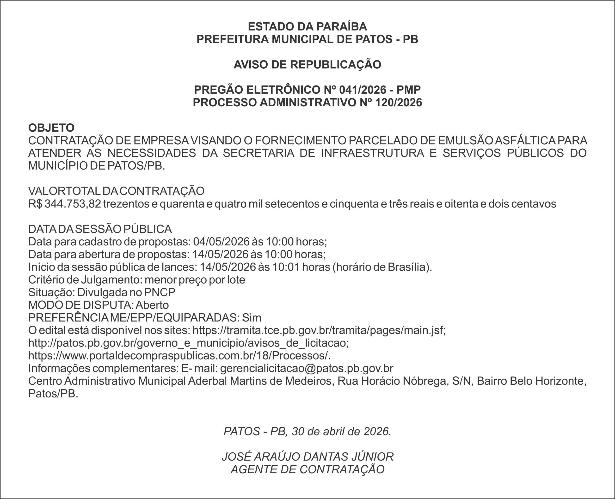 PREFEITURA MUNICIPAL DE PATOS – PB – PREGÃO ELETRÔNICO Nº 041/2026 – PMP