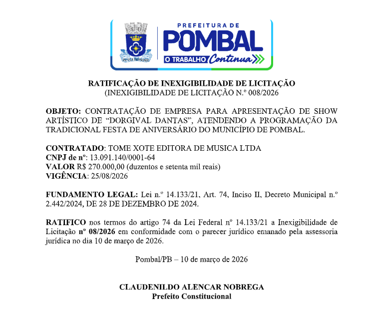 PREFEITURA MUNICIPAL DE POMBAL – RATIFICAÇÃO DE INEXIGIBILIDADE DE LICITAÇÃO (INEXIGIBILIDADE DE LICITAÇÃO N.º 008/2026)