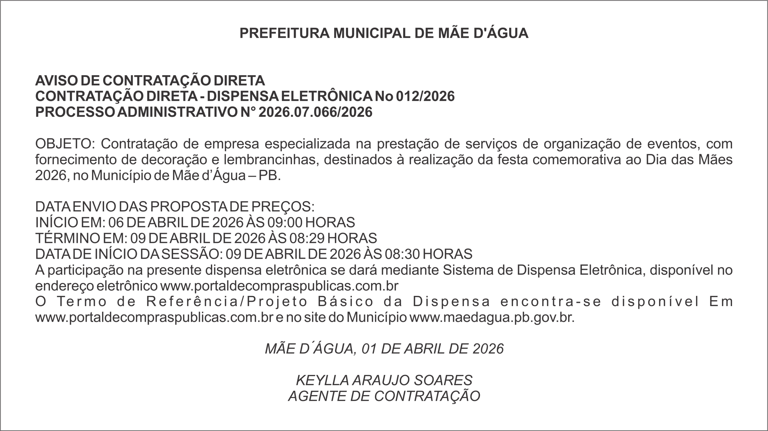 PREFEITURA DE MÃE D’ÁGUA – AVISO DE CONTRATAÇÃO DIRETA