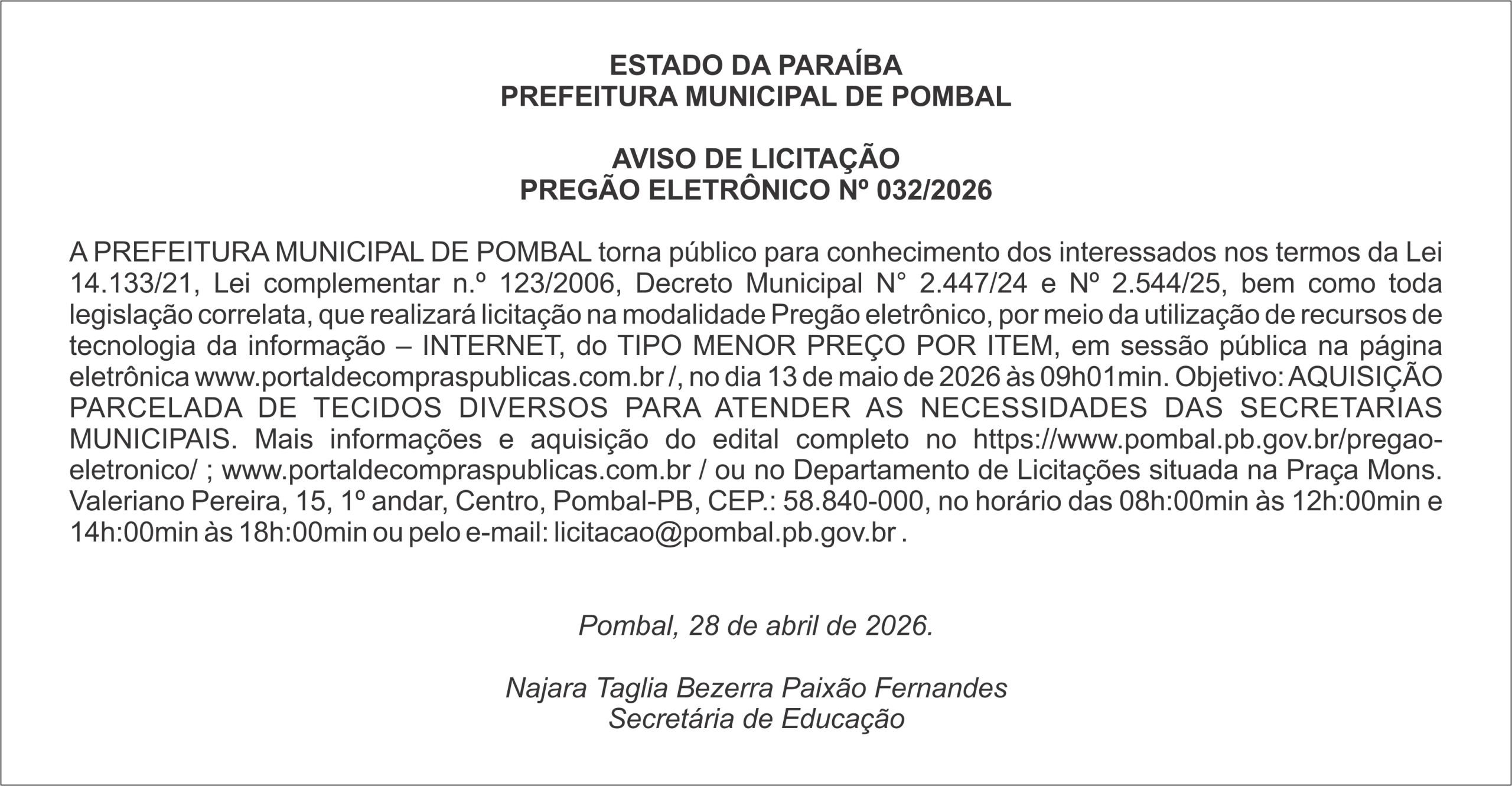 PREFEITURA MUNICIPAL DE POMBAL – AVISO DE LICITAÇÃO – PREGÃO ELETRÔNICO Nº 032/2026