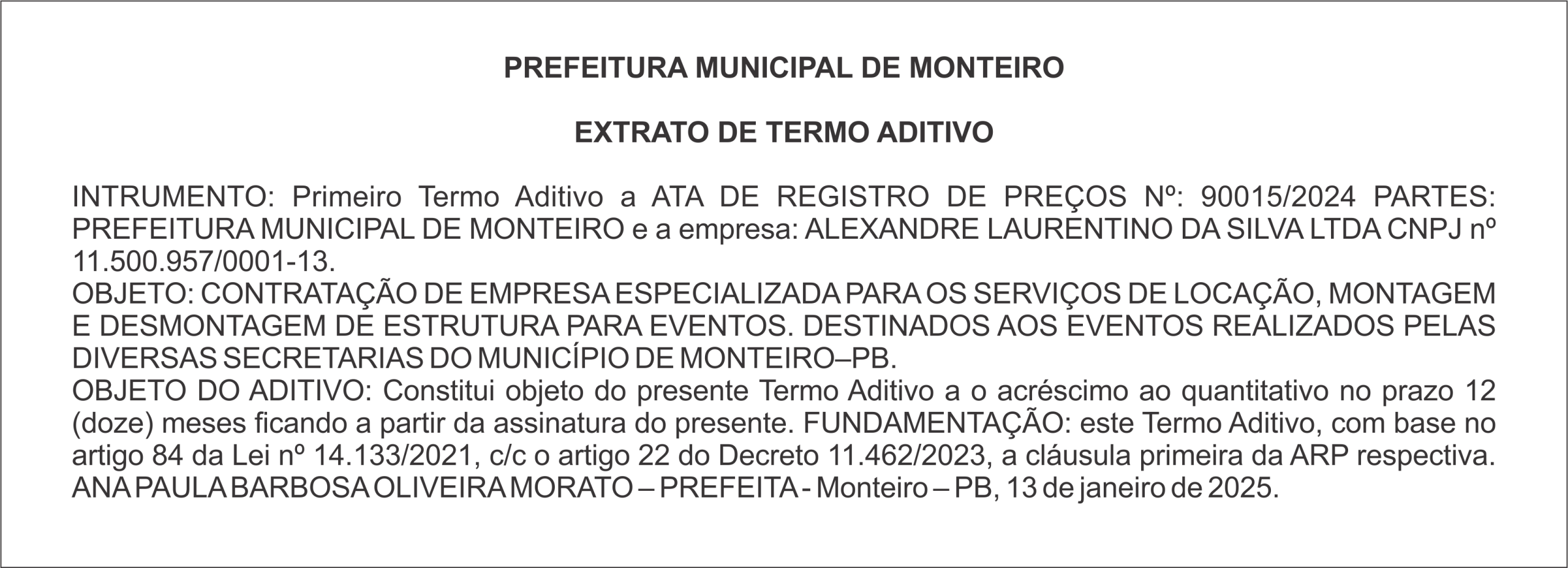 PREFEITURA MUNICIPAL DE MONTEIRO – EXTRATO DE TERMO ADITIVO