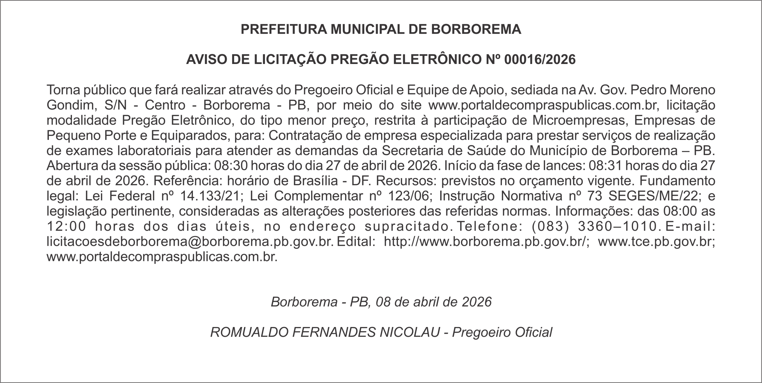 PREFEITURA MUNICIPAL DE BORBOREMA – AVISO DE LICITAÇÃO PREGÃO ELETRÔNICO Nº 00016/2026