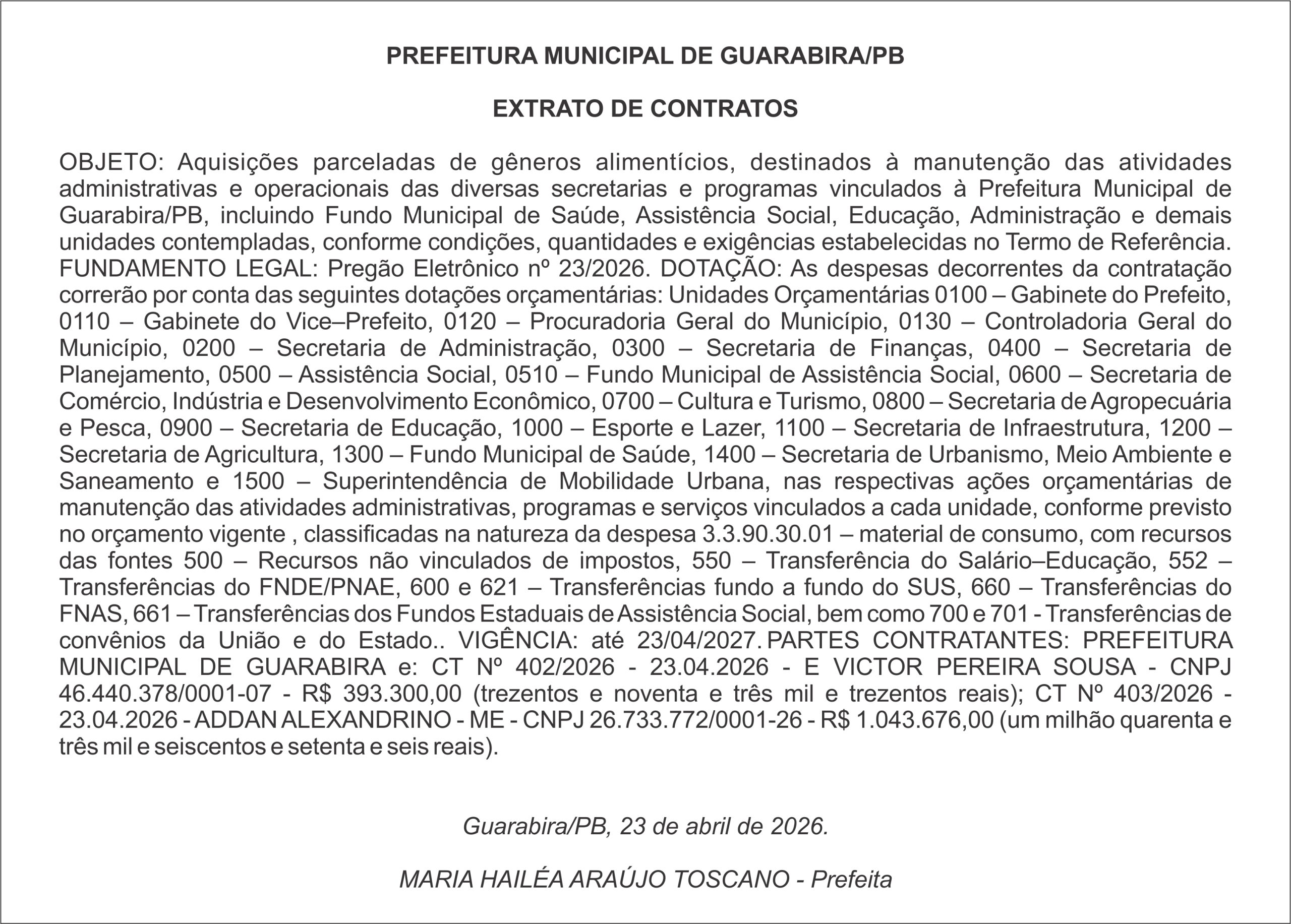 PREFEITURA MUNICIPAL DE GUARABIRA/PB – EXTRATO DE CONTRATOS