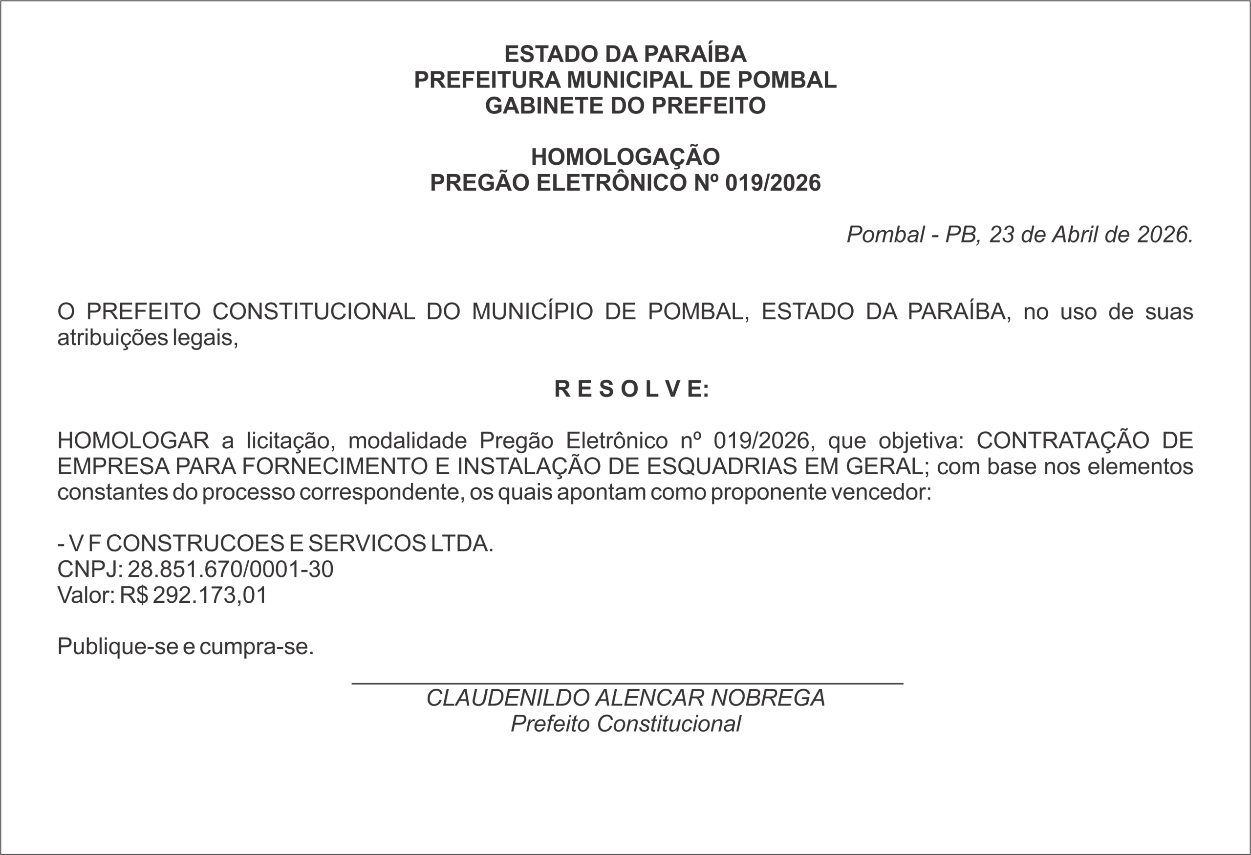 PREFEITURA MUNICIPAL DE POMBAL – HOMOLOGAÇÃO PREGÃO ELETRÔNICO Nº 019/2026