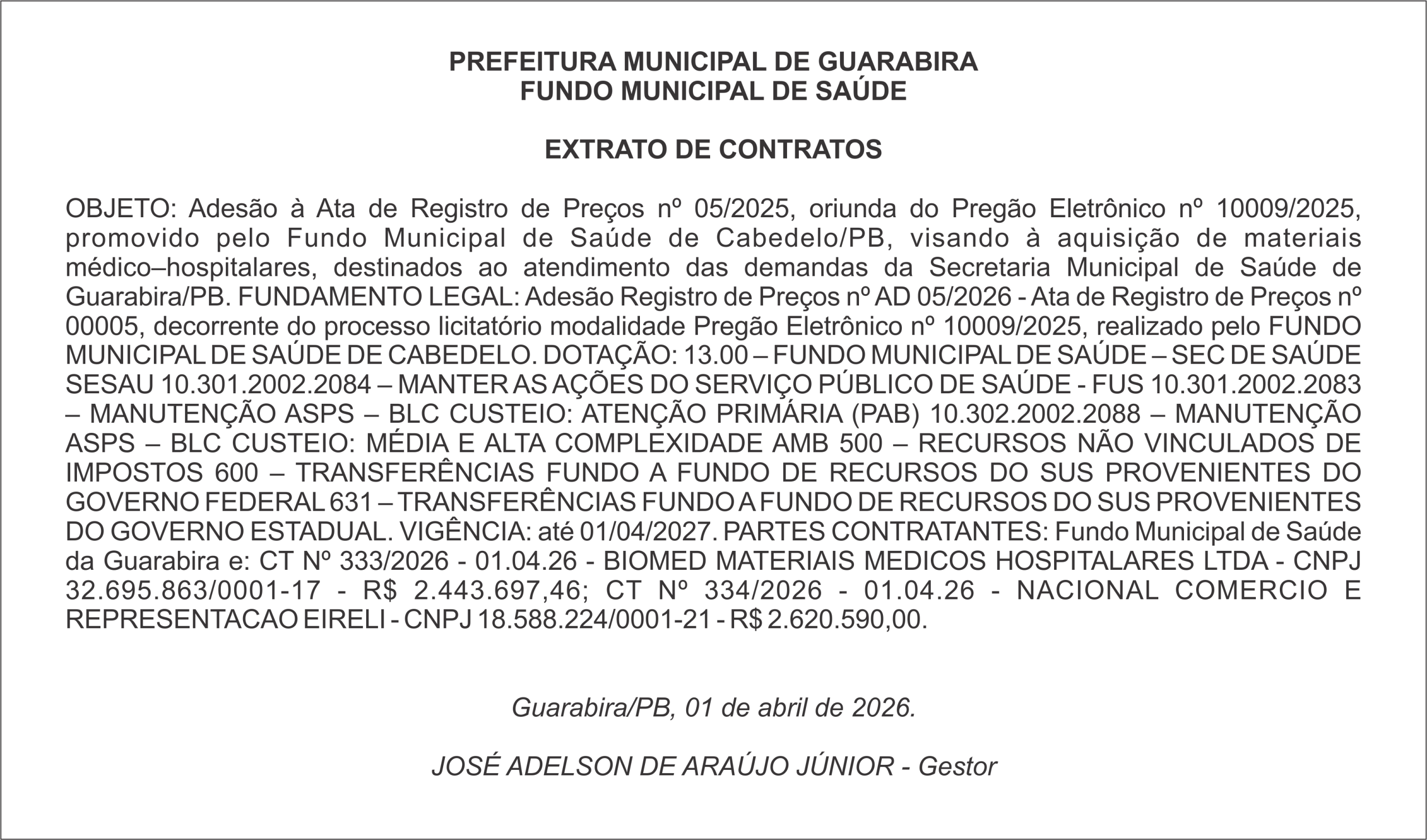 PREFEITURA MUNICIPAL DE GUARABIRA – FUNDO MUNICIPAL DE SAÚDE – EXTRATO DE CONTRATOS