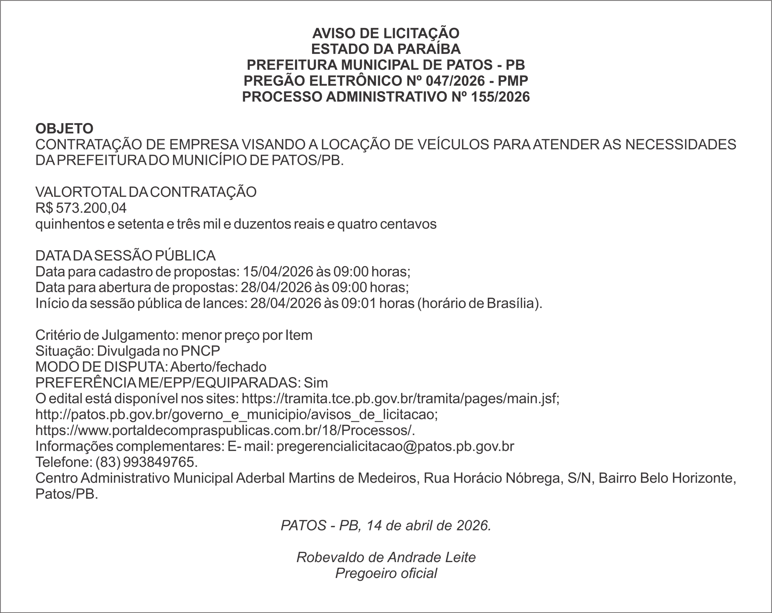 PREFEITURA MUNICIPAL DE PATOS – PB – PREGÃO ELETRÔNICO Nº 047/2026 – PMP
