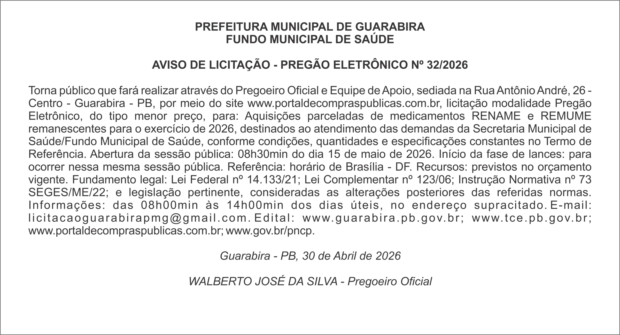 PREFEITURA MUNICIPAL DE GUARABIRA FUNDO MUNICIPAL DE SAÚDE  AVISO DE LICITAÇÃO – PREGÃO ELETRÔNICO Nº 32/2026