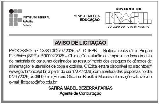 IFPB – PB – JOÃO PESSOA – REITORIA – Pregão Eletrônico (SRP) n.o 90002/2025 – Alimentação, Utensílios de copa e cozinha