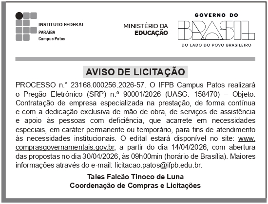 IFPB – PB – PRINCESA ISABEL – CAMPUS – Aviso de Licitação – Pregão Eletrônico n. 90.001/2026 – IFPB Campus Patos