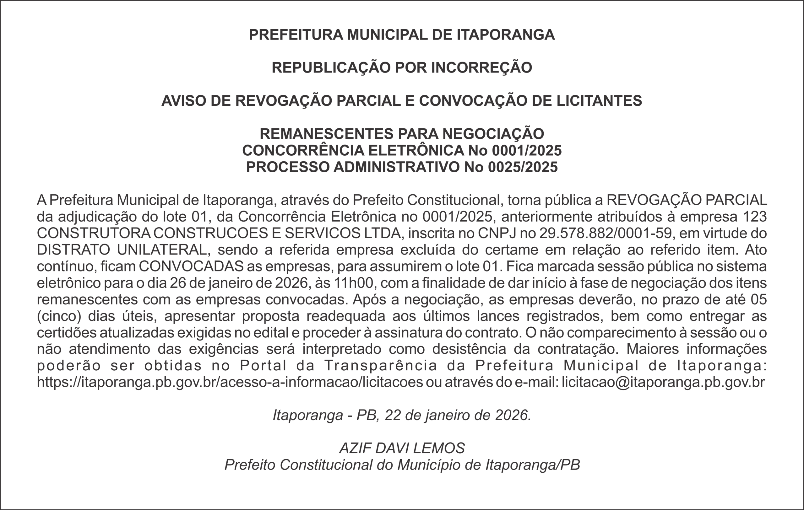 PREFEITURA DE ITAPORANGA – REPUBLICAÇÃO POR INCORREÇÃO – CONCORRÊNCIA ELETRÔNICA No 0001/2025