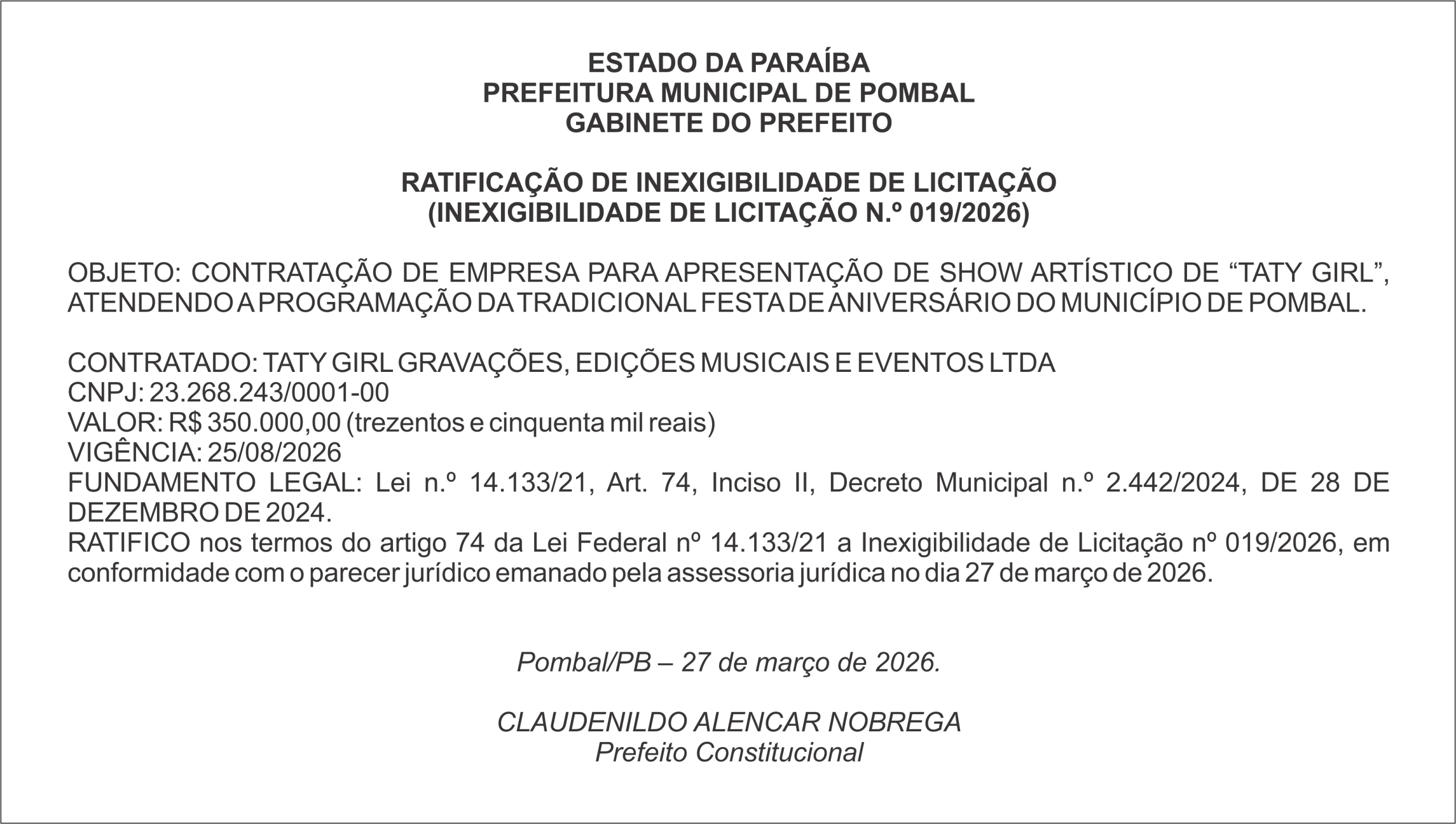 PREFEITURA MUNICIPAL DE POMBAL – RATIFICAÇÃO DE INEXIGIBILIDADE DE LICITAÇÃO (INEXIGIBILIDADE DE LICITAÇÃO N.º 019/2026)