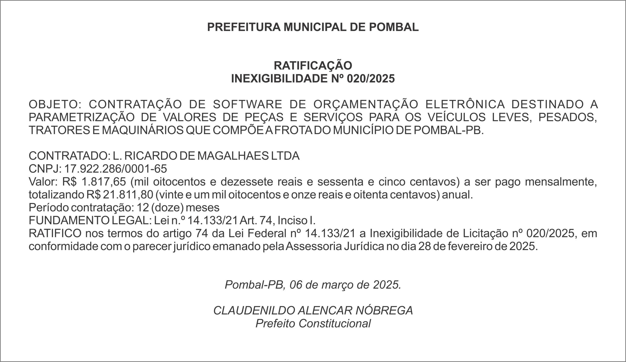 PREFEITURA DE POMBAL – RATIFICAÇÃO INEXIGIBILIDADE Nº 020/2025