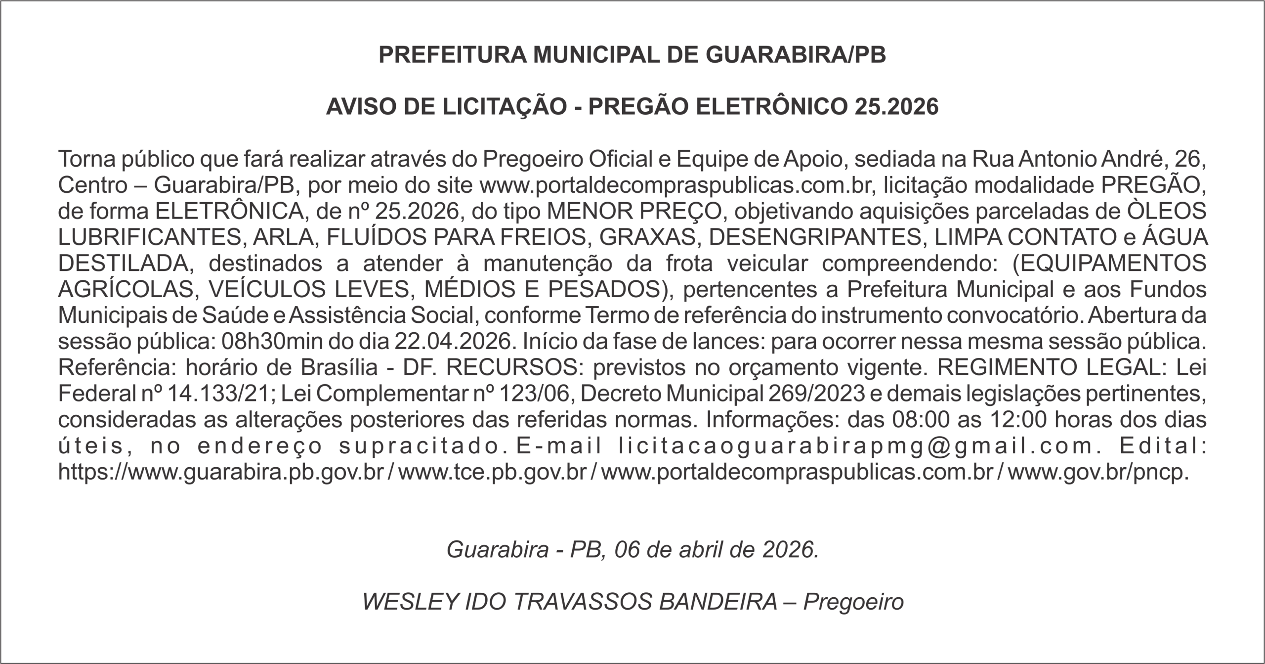 PREFEITURA MUNICIPAL DE GUARABIRA/PB – AVISO DE LICITAÇÃO – PREGÃO ELETRÔNICO 25.2026
